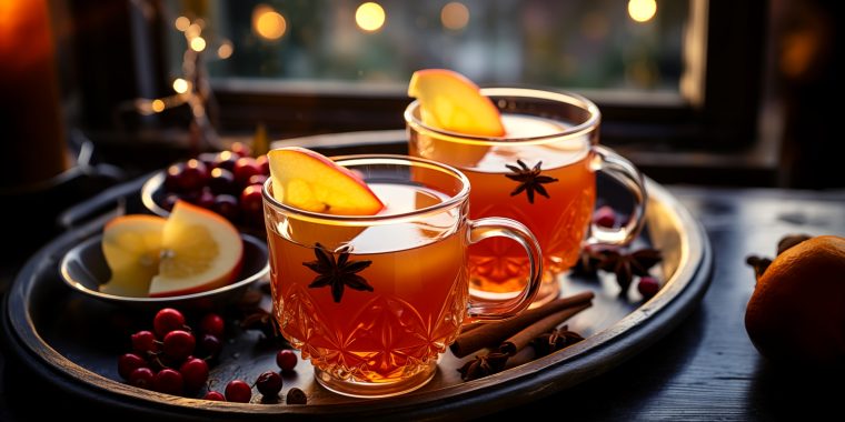 Two cups of Mulled Apple Cider on a table in front of a window in a cosy living room over the festive season