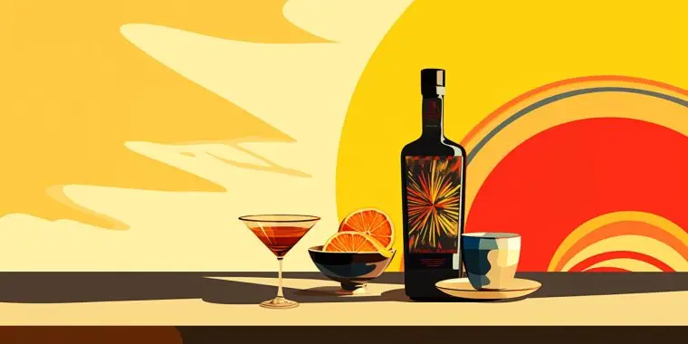 Color illustration of a bottle of coffee tequila next to a coffee tequila cocktail