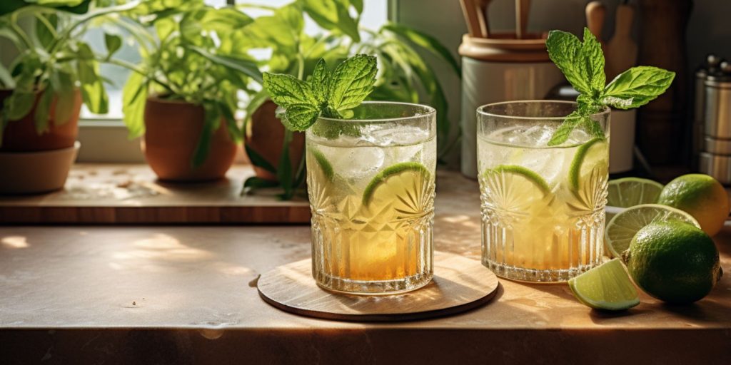 Two Aged Rum Mojitos on a table in a bright home kitchen with lots of greenery around