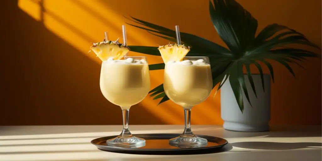 Two aged rum Pina Colada cocktails on a white surface against a mustard yellow backdrop with greenery in the corner