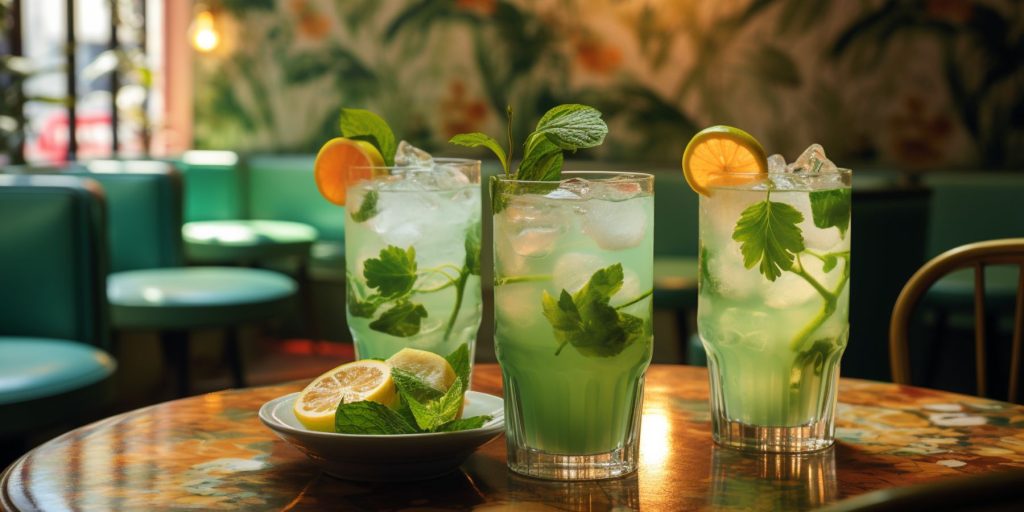 A trio of Agricultural Rum Cocktails on a table in a light bright tropical restaurant in daytime