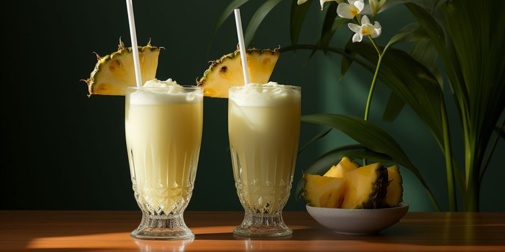 Two Rhum Agricole Pina Coladas against a dark green backdrop surrounded by tropical foliage. 
