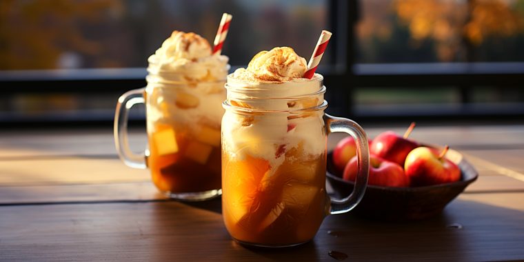 Two Apple Cider Floats in mason jar glasses on a table in a light, bright home kitchen