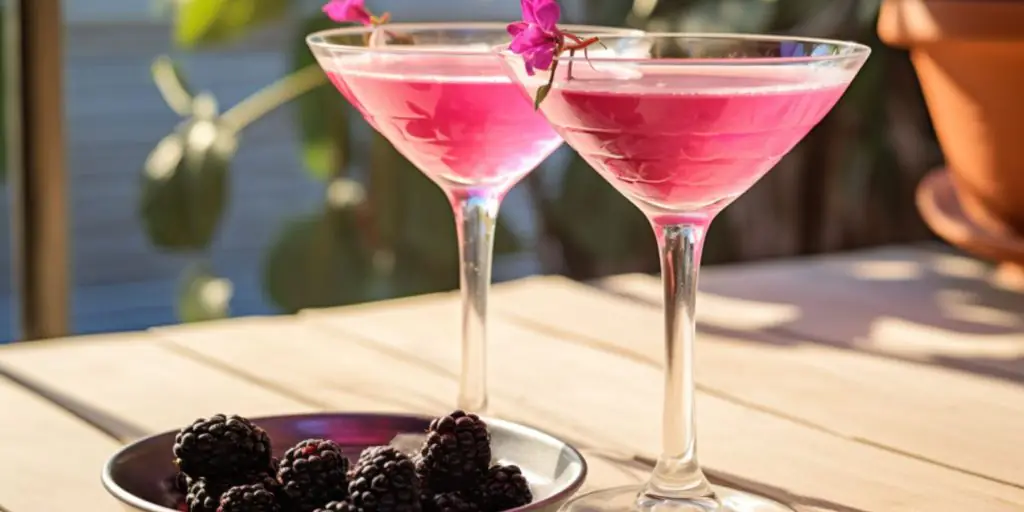 Close up of two Blackberry Vodka Martini cocktails on a table outside on a sunny veranda
