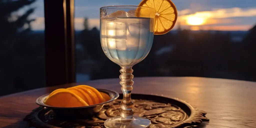 A close up of a Blue Moon cocktail on a table overlooking a gorgeous sunset