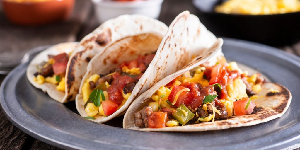 Close up of a plate of breakfast tacos