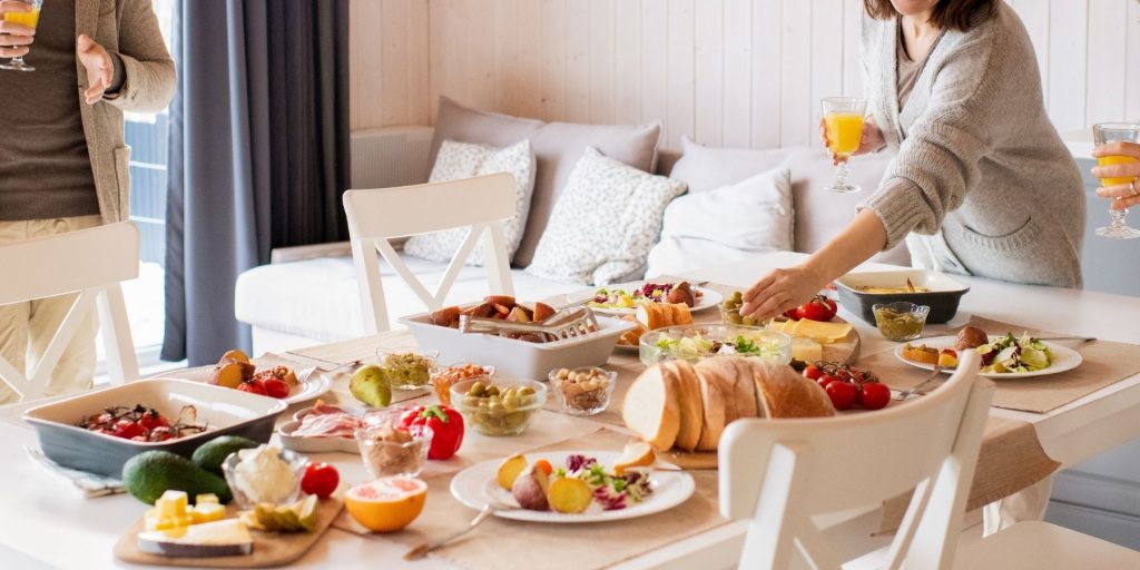 Brunch set up on a table buffet style for easy clean up