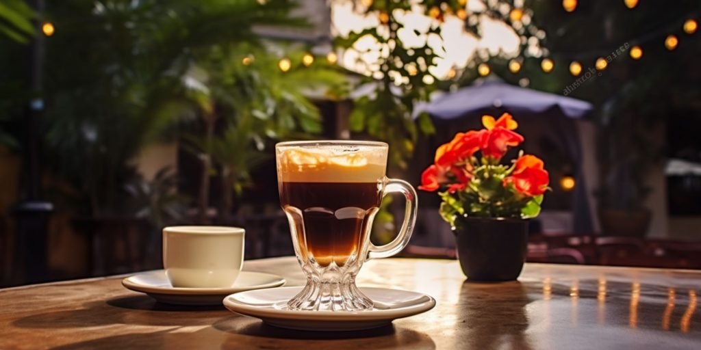 A Café Mañana cocktail outside on a table in a festive courtyard strung with lights