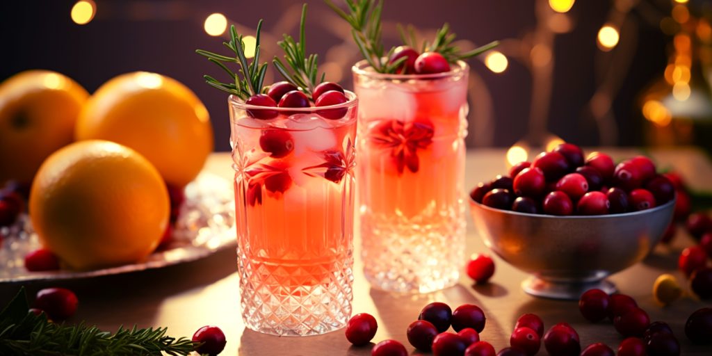 Two glasses of Christmas Morning Punch garnished with fresh granberries on a table in a room decorated for the festive season