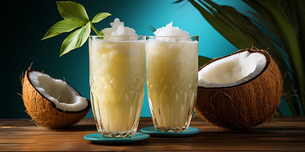 Two coconut rum Pina Colada cocktails with fresh coconuts next to it