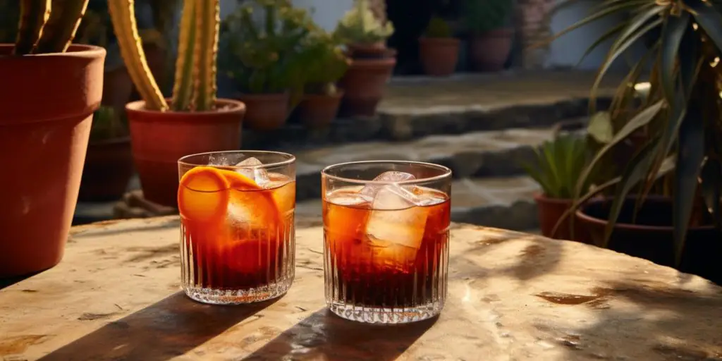Two Coffee Tequla Negroni cocktails on a table outside in a Mexican cactus garden