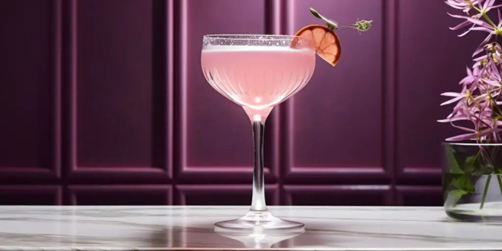 A close-up of a Gin & Violet Cocktail in a purple art deco interior