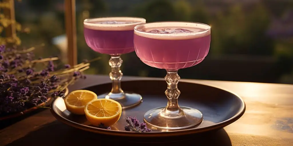 Two Creme de Violette Sour cocktails on a dainty serving platter outdoors in a summer garden