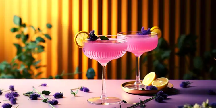 Two créme de violette cocktails against a yellow background