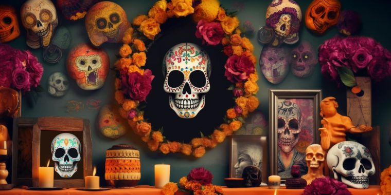 A collage image of Day of the Dead symbols dressing a Mexican ofrenda set up for a Dia de los Muertos party at home