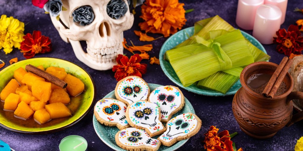 Close up of a variety of Day of the Dead party snacks