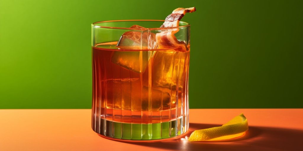Bacon Old Fashioned on a pink surface against a flat green backdrop