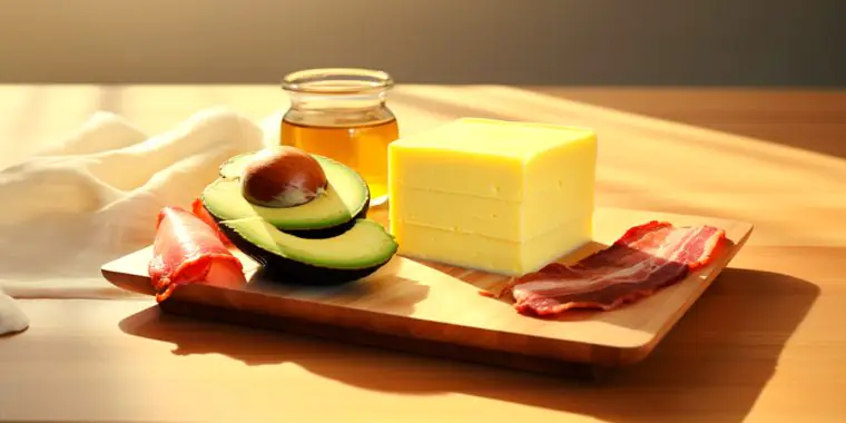 Halved avocado, block of butter, bacon and olive oil on a wooden board
