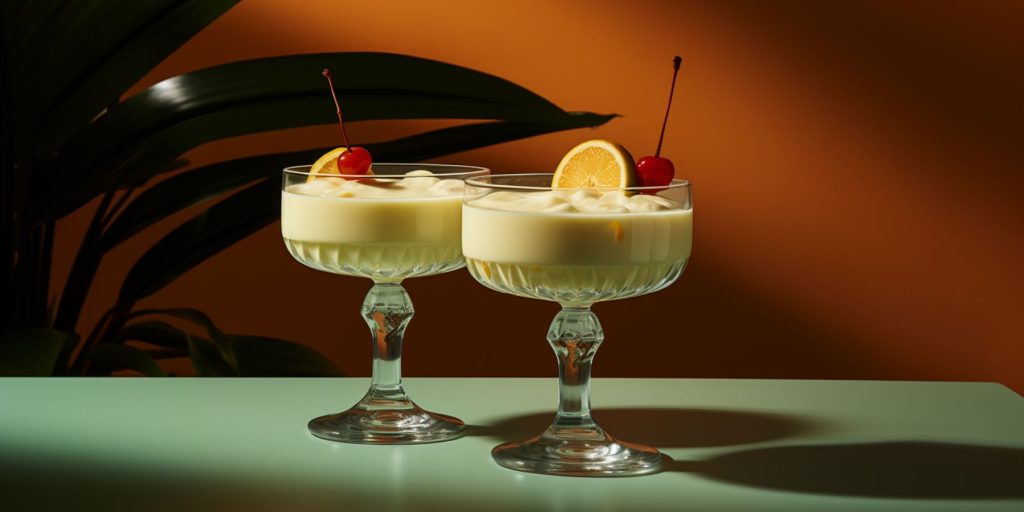 Two Gold Rum Pina Coladas in retro glasses against an ochre backdrop