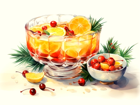 Color illustration of a Holiday Punch served in a punch bowl