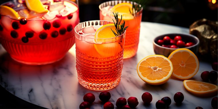 Two glasses of refreshing Holiday Punch on a kitchen counter in a light bright hom setting