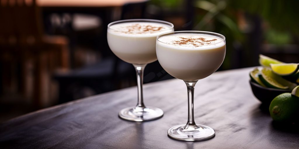 Two Mexican Alexander cocktails on a table outside in a Mexican courtyard