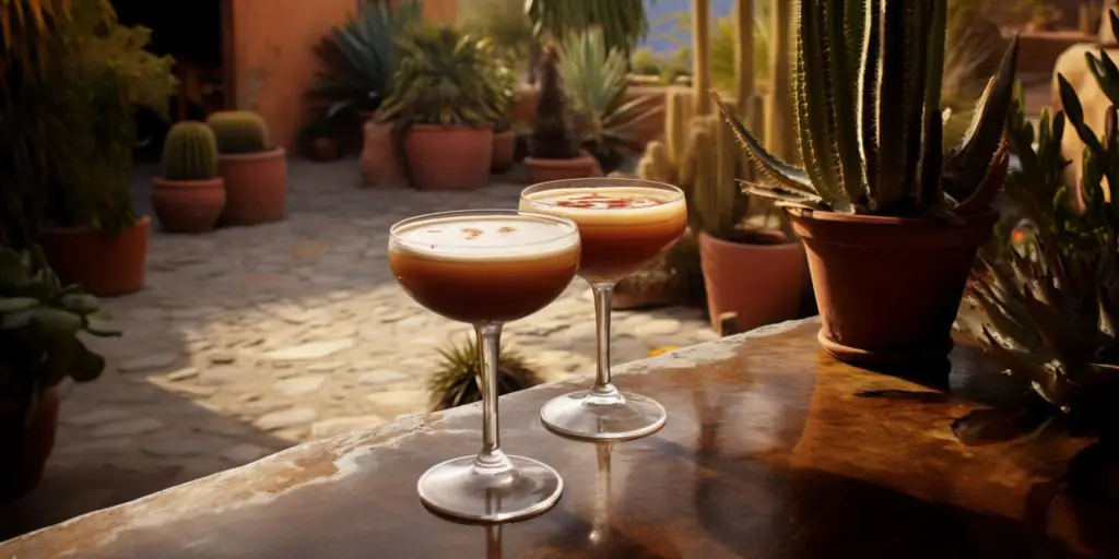 Two Tequila Espresso Martini cocktails on a table outside in a Mexican cactus garden