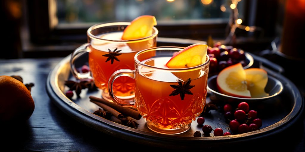 Two cups of Mulled Apple Cider on a table in front of a window in a cosy living room over the festive season