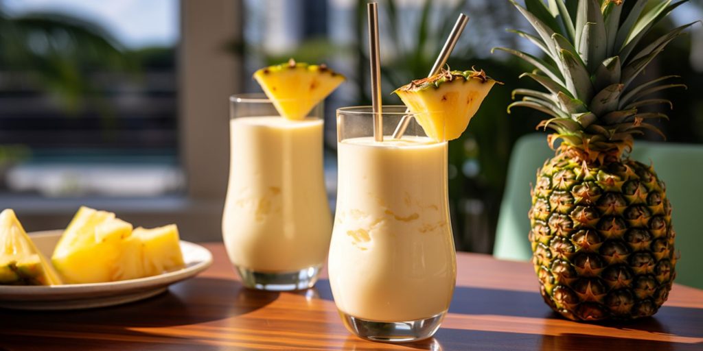 Two Navy Rum cocktails on a table outside on a sunny day