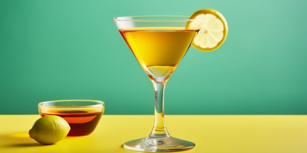 Fat Washed Olive Oil Martini against a retro blue backdrop