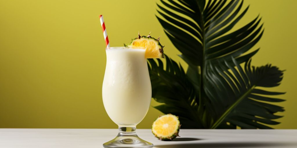 Overproof rum PIna Colada on a white surface against a green a backdrop with a tropical indoor plant in the background
