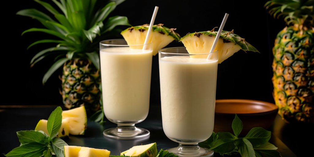Two PIneapple Rum Pina Coladas against a dark backdrop surrounded by fresh pineapples