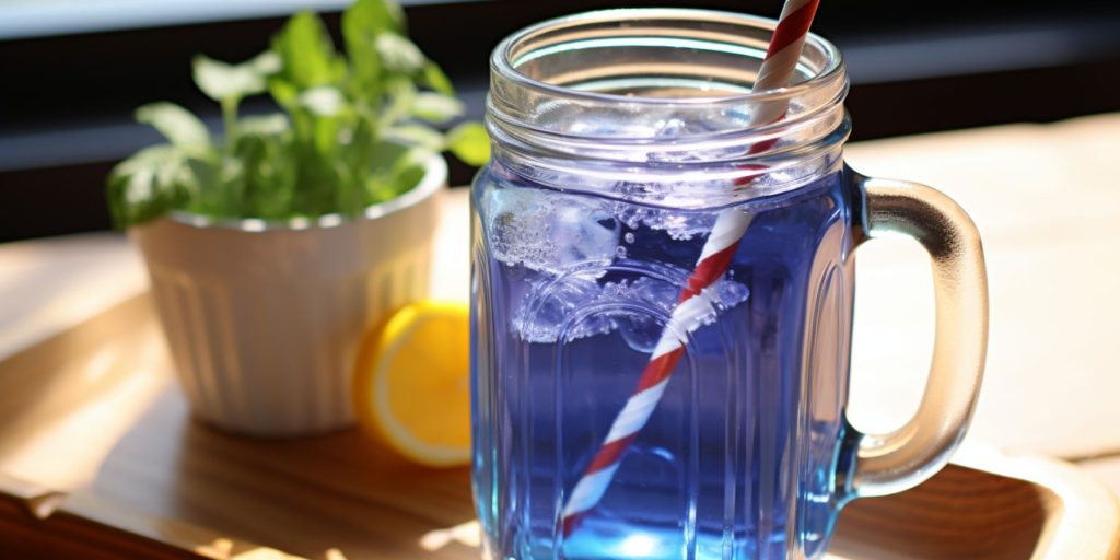 Close up of a Prison Blues cocktail on a table outside on a sunny day