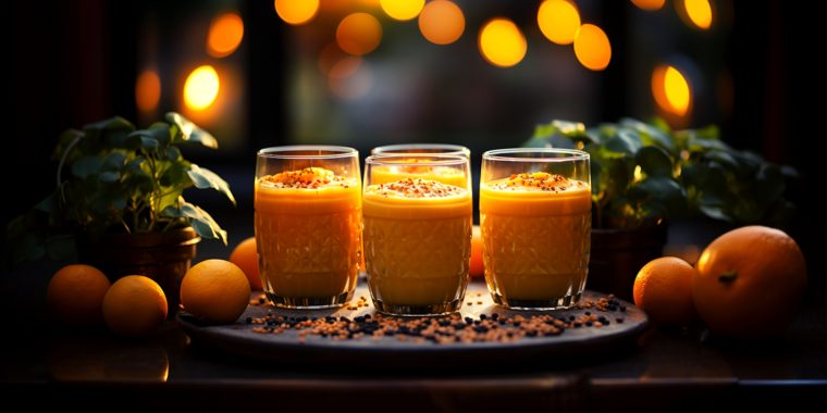 Three glasses of Pumpkin Smoothie on a tray in a room decorated for the festive season