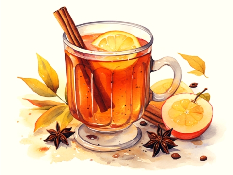 Color illustration of a mug of warm Spiced Apple Cider