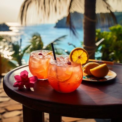 Two tropical spiced rum cocktails on a table on a veranda overlooking the ocean on a sunny day