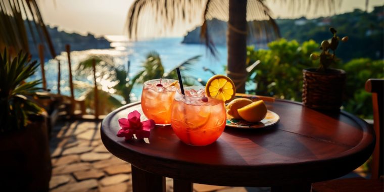 Two tropical spiced rum cocktails on a table on a veranda overlooking the ocean on a sunny day