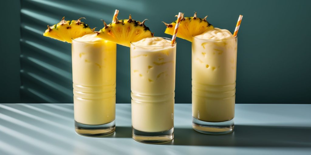 Three spiced rum Pina Coladas on a white surface against a light blue backdrop