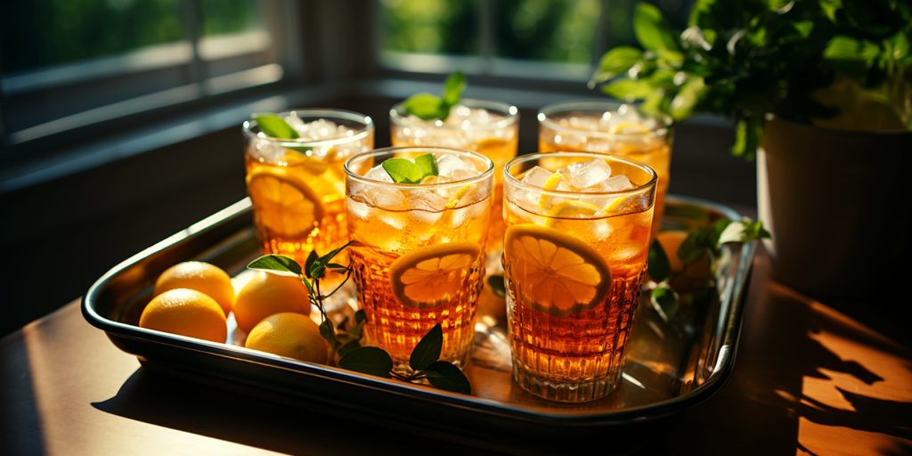 A tray of Sweet Tea on a silver tray in a pretty daytime outdoor setting