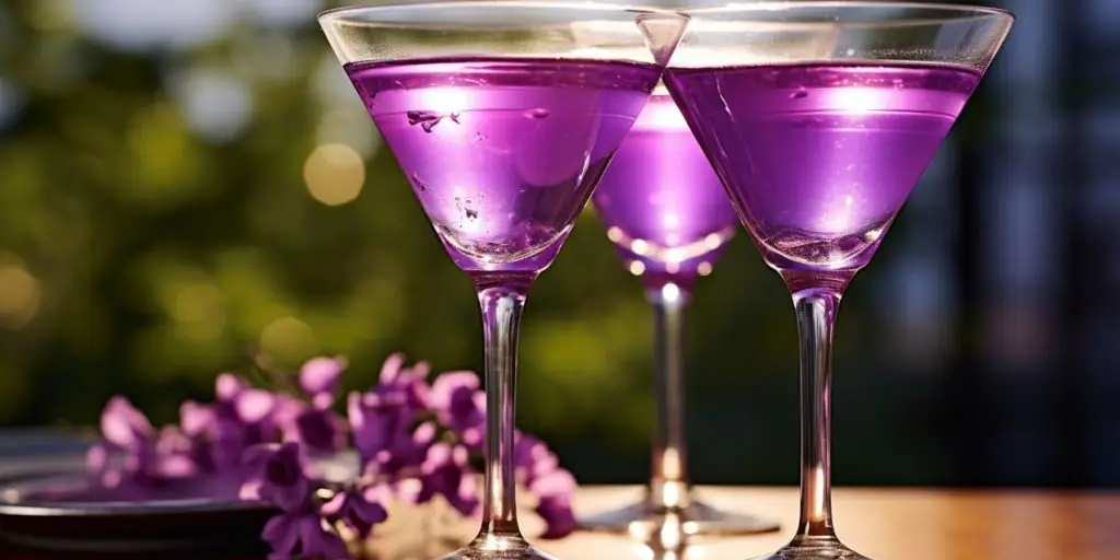 Three Violet Lady cocktails outside on a table in a lush summer garden