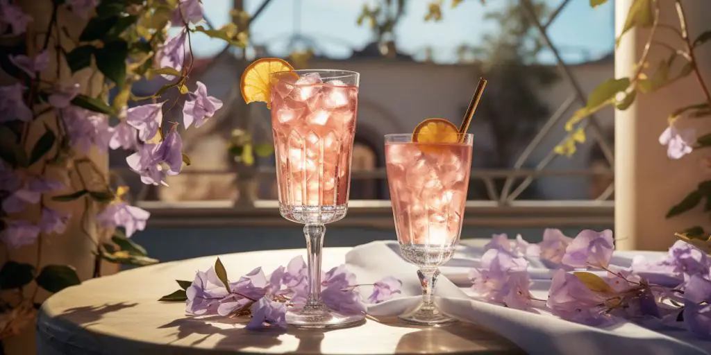 A closeup of two Violette Squeeze cocktails on a table on a veranda with a cascading Wisteria