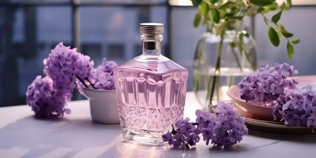 A bottle of creme de violette liqueur on a table in a light bright home kitchen surrounded by purple blooms