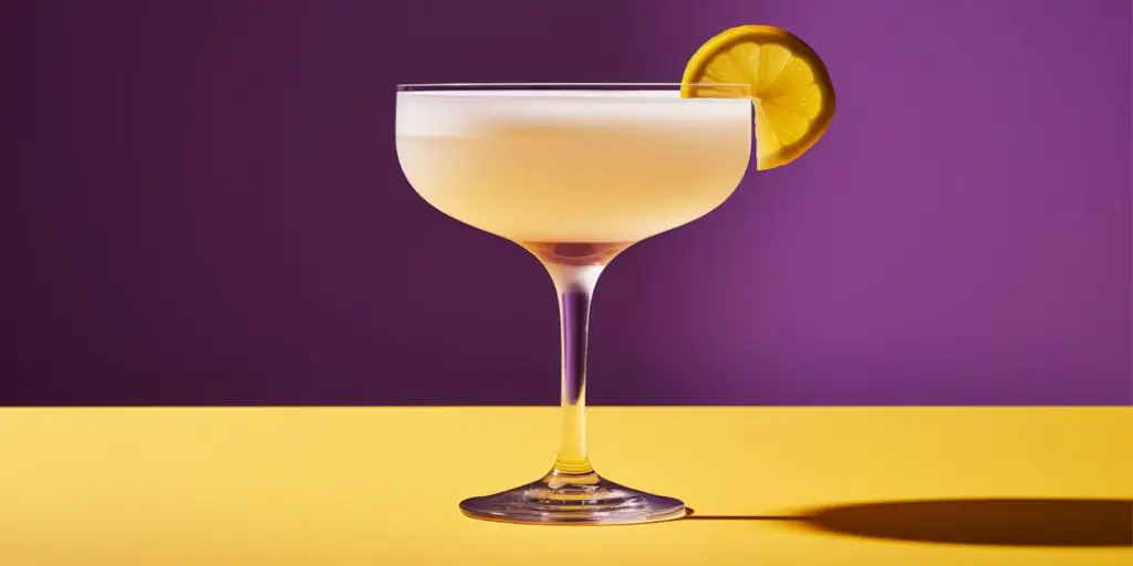 Fat Washed White Manhattan cocktail against a purple backdrop in a retro environment