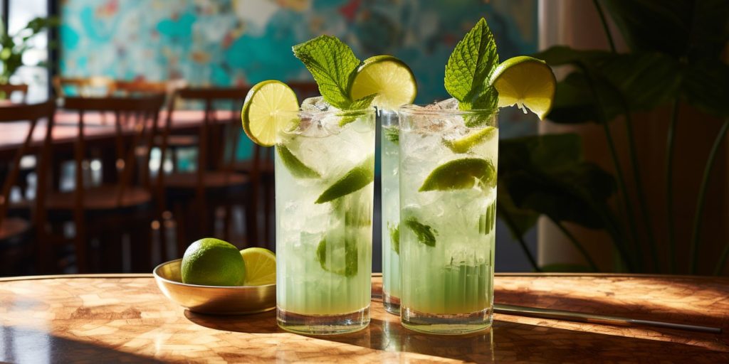 Two White Rum Mojito cocktails on a table in a light bright restaurant in the tropics