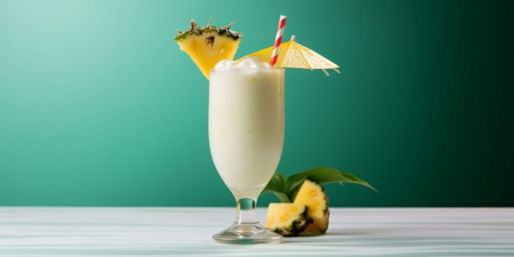 A White Rum Pina Colada on a white surface against a turquoise backdrop