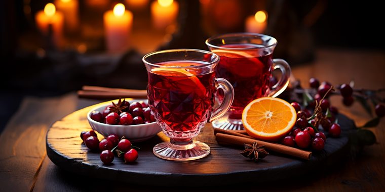 Two mugs of warm Cherry Punch with orange, cinnamon and cherry garnish, served in a Christmas setting