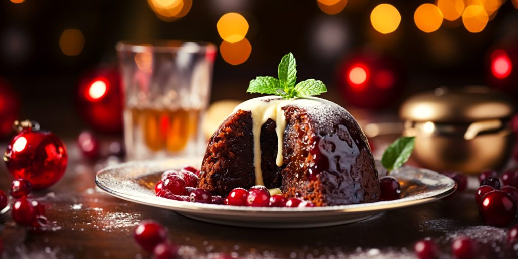 Boozy Christmas pudding with creme anglaise and cranberry garnish 