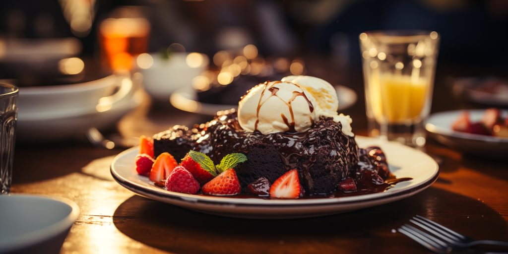 Boozy chocolate pudding on a festive table with people in the background