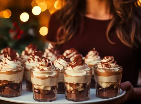 A woman holding a tray of boozy chocolate puddings in a festive setting