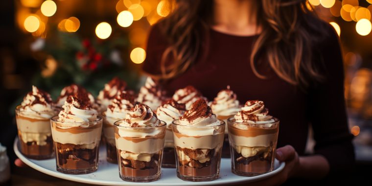 A woman holding a tray of boozy chocolate puddings in a festive setting